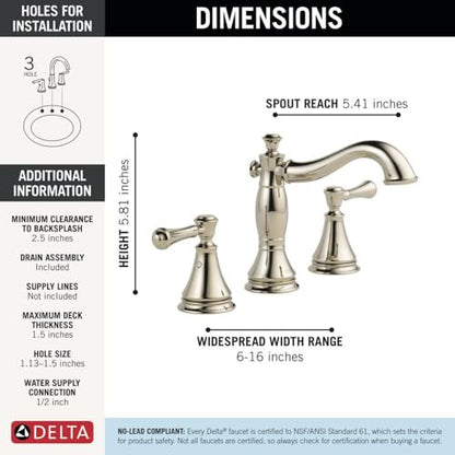 DELTA FAUCET Cassidy Widespread Bathroom Faucet 3 Hole, Bathroom Sink Faucet, Metal Drain Assembly, Polished Nickel 3597LF-PNMPU - color: Polished Nickel