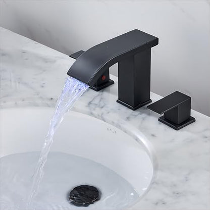 Bathroom faucets 3 Hole Widespread Modern Bathroom Sink Faucet 8 inch Matte Black Bathroom 3 Hole LED Light Waterfall Vanity Faucet Sink with Pop Up Drain (Matte Black) - color: Matte Black