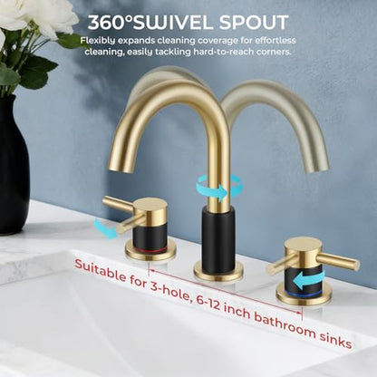 FGKQ 3-Hole 2-Handle Widespread Bathroom Sink Faucet, Black and Gold | Stainless steel, pop-up drain included, 360°swivel spout, for vanity sink 3-hole mount, 8-in widespread - color: 2-Brushed Gold & Black