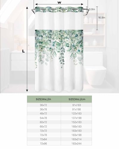 No Hook Shower Curtain and Snap in Liner Set, Green Eucalyptus Fabric Bathroom Stall Shower Curtains 36x72, See Through Mesh Top Window, Spring Summer Botanical Floral Leaves Country Hotel Style - color: Green, size: 36"W x 72"L (Pack of 1)