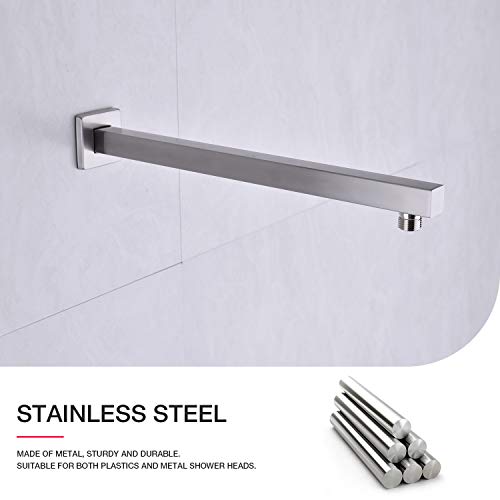 Square Shower Arm with Flange Heavy Duty Stainless Steel Rainfall Shower Head Extension Pipe, Bathroom Wall Mounted 16 Inch Extender Arm, Brushed Nickel - color: Brushed Nickel