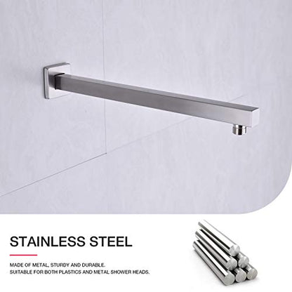 Square Shower Arm with Flange Heavy Duty Stainless Steel Rainfall Shower Head Extension Pipe, Bathroom Wall Mounted 16 Inch Extender Arm, Brushed Nickel - color: Brushed Nickel