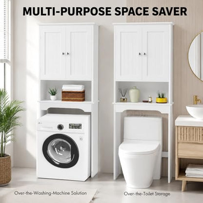 66" H White Bathroom Cabinet Over Toilet with Doors; Adjustable Shelf Bathroom Organizer Unit Featuring Freestanding MDF Wood Over the Toilet Cabinet Frame for Restroom (A) - color: A