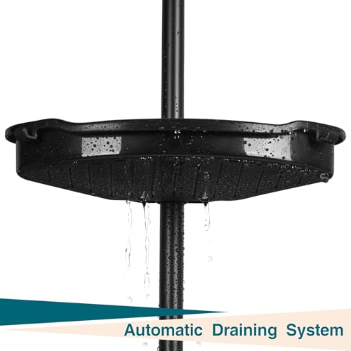 Corner Shower Caddy Tension Pole, 101.6''-122'', 4 Tier Shower Shelf, Rust Proof No Drilling Bathroom Organizer with Adjustable Trays, Plastic Bathtub Shelves Shamboo Holder, Black