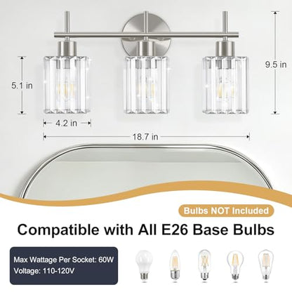 Brushed Nickel Bathroom Light Fixtures, Square, 3-Light | Vanity Lights with Crystal Shades, Modern Bathroom Lighting Fixtures over Mirror (Bulbs Not Included, E26) - color: Brushed Nickel (Square), size: 3-Light
