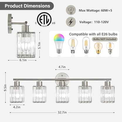 5 Light Bathroom Light Fixtures, Modern Crystal Vanity Lights over Mirror | Metal Frame, Bathroom Light with Square Crystal Shade, ETL Certified, E26 Ceramic Socket, Bulbs Not Included - color: Brushed Nickel, size: 5-Light