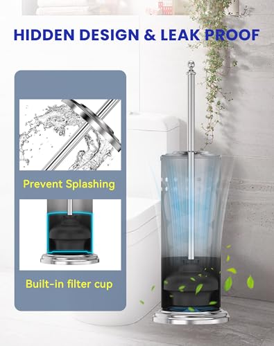 Dowry Toilet Plunger with Holder for Bathroom Silver | Hidden Toilet Bowl Cleaners Long Handle with Cover Powerful Force Suction Cup Heavy Duty Deep Cleaning - color: Silver