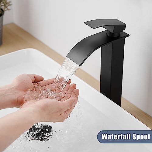 RUMOSE Tall Bathroom Faucet Vessel Sink Faucet with Drain, Matte Black | Modern Single Handle One Hole Bathroom Faucet Waterfall Rv Lavatory Vanity Faucet Mixer Tap, Pop Up Drain, Stainless Steel - color: Matte Black