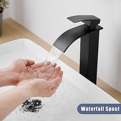 RUMOSE Tall Bathroom Faucet Vessel Sink Faucet with Drain, Matte Black | Modern Single Handle One Hole Bathroom Faucet Waterfall Rv Lavatory Vanity Faucet Mixer Tap, Pop Up Drain, Stainless Steel - color: Matte Black
