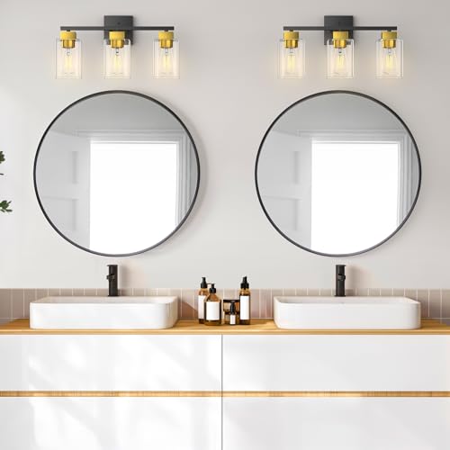 Black and Brushed Gold Bathroom Vanity Light, 3-Light Vanity Lighting fixtures Over Mirror, Square Design & UL Certification, Wall Sconces with Clear Glass Shades, E26 Socket (Bulbs Not Included) - color: Black and Brushed Gold, size: 3 Light