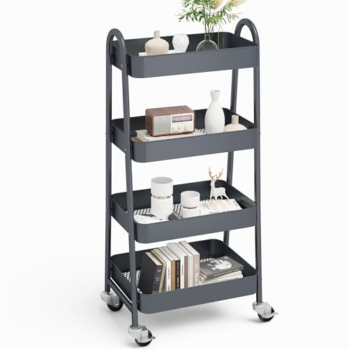NEWBULIG 4-Tier Metal Rolling Storage Utility Cart with Lockable Wheels | Mobile Organizer Shelf, Space-Saving, Freestanding, Bathroom, Living Room, Slim, Narrow Corner Spaces, Grey - color: Gray, size: 4-Tiers