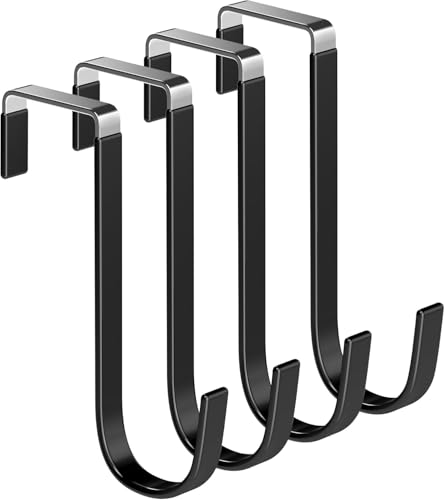 Single Over Door Steel Hooks 4 Pack Fit 1-3/8" Door 5.5" Black | Plastic Coated Rubber Feel Towel Rack Robe Coat Shoe Wreath Hanger No Damage No Scratch for Bathroom Heavy Duty Thin Top