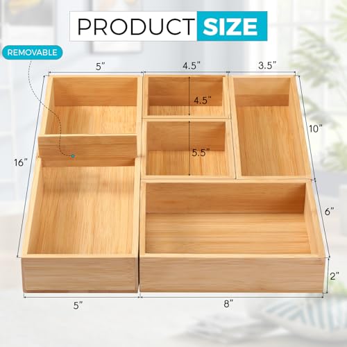 Fabsome Bathroom Drawer Organizer, Bamboo Box Bin for Junk Vanity Desk Makeup Drawer, Small Wooden Container Tea Storage Organization Tray for Kitchen Office, Set of 5 - size: 2''H 5 Boxes