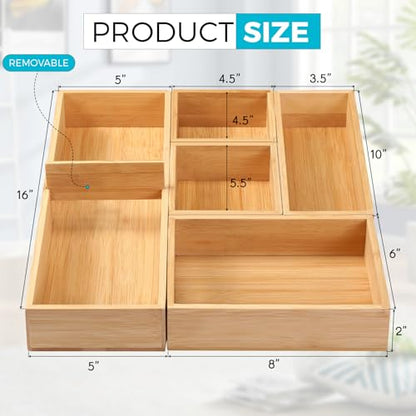 Fabsome Bathroom Drawer Organizer, Bamboo Box Bin for Junk Vanity Desk Makeup Drawer, Small Wooden Container Tea Storage Organization Tray for Kitchen Office, Set of 5 - size: 2''H 5 Boxes
