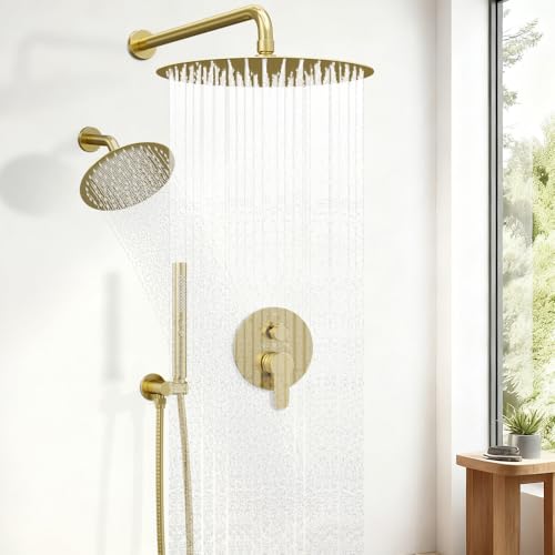 Shower Systems STARBATH 12+6" Round Dual Rainfall Shower Head with Handheld Spray for Two People, Wall Mounted 3 Way Rain Shower Faucet Sets Complete, Included Valve and Trim Kit, Brushed Gold - color: Brushed Gold, size: 6+12 inch-05