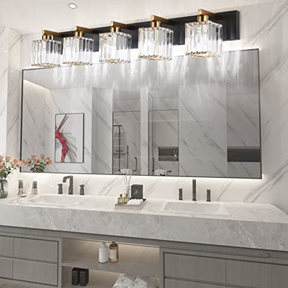 Aipsun Modern Vanity Light Bathroom Lighting Fixtures 5 Light Crystal Bathroom Vanity Light Fixtures (Exclude Bulb) - color: Black Gold, size: 40 inch