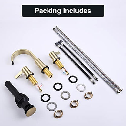 TRUSTMI 8 Inch Widespread Brushed Gold Bathroom Faucet 3 Hole 2 Handle Brass Vanity Sink Faucet with 360 Degree Swivel Spout, Overflow Drain and cUPC Waterlines - color: Brushed Gold