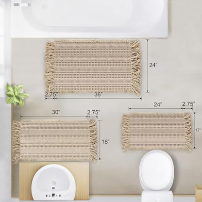 Waffle Bath Mat, Super Absorbent Waffle Bathroom Rug with Tassels, Non Slip Bath Mats for Bathroom Floor, Ultra Soft Boho Bath Mat, Quick Dry Shower Mat, Machine Washable, 24"×36", Khaki - size: 24"×36"