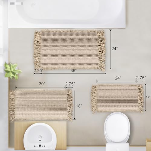 Waffle Bath Mat Set of 2, Absorbent Waffle Bathroom Rug with Tassels, Non Slip Bath Mats for Bathroom Floor, Ultra Soft Boho Bath Mat, Quick Dry Shower Mat, Machine Washable, 17"×24" & 18"×30", Khaki - size: 17" x 24"+18" x 30"