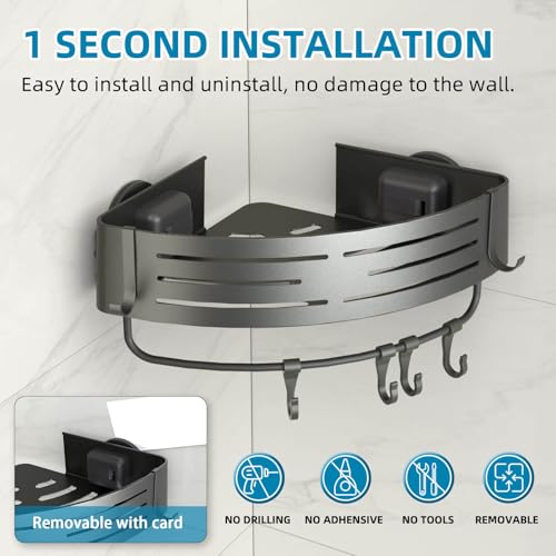 Onemake Corner Shower Caddy with Suction Cups, 1-Pack Shelf for Bathroom | Removable Aluminum Wall Mounted Organizer Shelves, Storage Rack with Towel Bar & Portable Hooks, for Bathroom, Kitchen,Grey - style: 1 Tier-Gray-Triangle Caddy