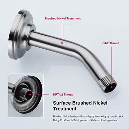 6 Inch Brushed Nickel Shower Arm and Flange Angled Head Pipe | Stainless Steel Wall Mounted Curved Gooseneck, Bathroom Extension Shower Neck - color: Brushed Nickel, style: 6 inch