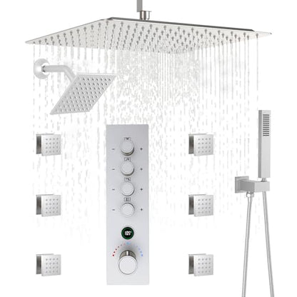 Full Body Dual Heads Rain Shower System with Jets Can Run Together | 4-way Thermostatic Digital Shower Faucets Set, 12" + 6" Tilted Shower + 6 Body Sprays + Handheld, Brushed Nickel - color: Brushed Nickel, style: 12” + 6" + 6 Jets