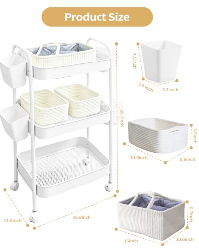 3 Tier Rolling Cart Organizer with Wheels, Metal Utility Storage Cart for Nursery, Bathroom, Kitchen, Craft Room & Laundry Room, Includes Hanging Baskets and Rope Storage Bin, White