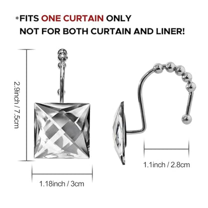 Sunlit Luxury Design Square Clear Diamond Crystal Gem Bling with Glide Balls Shower Curtain Hooks, Rust Proof Metal Rhinestones Glam Shower Curtain Rings-12 Pack - color: Clear