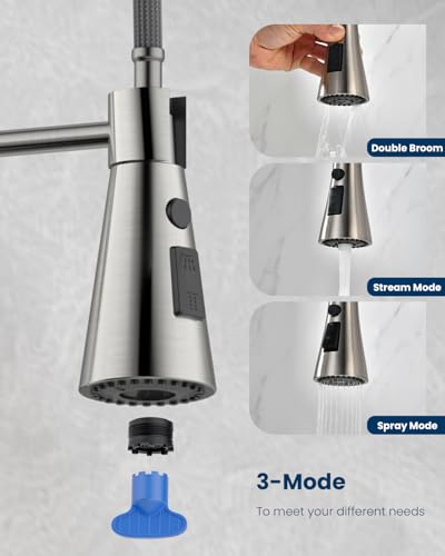 Wall Mount Kitchen Faucet 2 Handles, 8 Inch Center Wall Commercial Utility Sink Faucet with Pull Out Sprayer 3 Modes, Stainless Steel, Brushed Nickel - color: 2-Handle-Nickel, style: Wall Mount