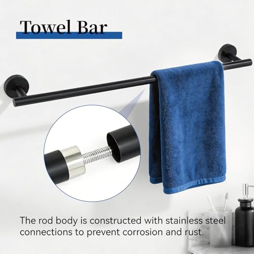 HOMOTEK 4 Pieces Bathroom Accessories Hardware Set, 24 inch Towel Bar, Towel Ring, Robe Hook, Toilet Paper Holder, Stainless Steel Rack Kit Wall Mounted, Matte Black - color: Matte Black