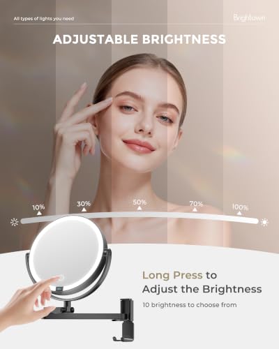 Brightown 8" Wall Mounted Makeup Mirror with Lights & Magnification 1X/10X | 4000mAh Rechargeable Dimmable Vanity Mirror, Extended Arm 360° Rotation, 3 Color Lights & Smart LED Digital Display, Black - color: Black