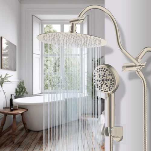 Hibbent All Metal CUPC Certified Shower Head, 10'' High Pressure Rainfall Shower Head, Handheld Showerhead Combo with 12'' Adjustable Extension Arm, 10-Spray, 71'' Hose, Shower Holder, Brushed Nickel - color: Brushed Nickel, style: Round 10''