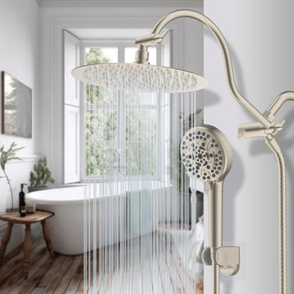 Hibbent All Metal CUPC Certified Shower Head, 10'' High Pressure Rainfall Shower Head, Handheld Showerhead Combo with 12'' Adjustable Extension Arm, 10-Spray, 71'' Hose, Shower Holder, Brushed Nickel - color: Brushed Nickel, style: Round 10''