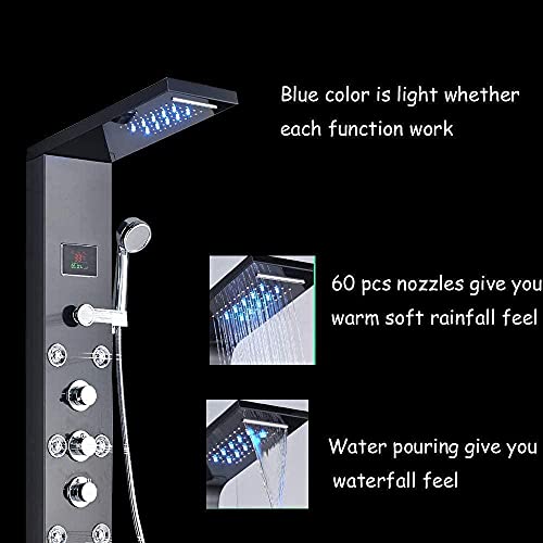 Bathroom Shower Panel Tower System LED Temperature Display Body Jets Shower Set Waterfall Rain Shower Head 6 Functions Temperature Display-Black