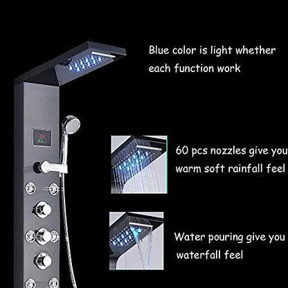 Bathroom Shower Panel Tower System LED Temperature Display Body Jets Shower Set Waterfall Rain Shower Head 6 Functions Temperature Display-Black