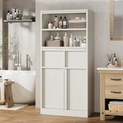 Garvee Tall Bathroom Cabinet, Floor Storage Cabinet with Doors & 2 Drawers, 51" H Tall Organizer Cabinet Freestanding for Bathroom, Living Room, Kitchen & Pantry (White)