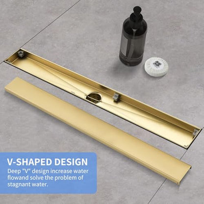 Linear Shower Drain ，with Tile Insert Panels ，28 Inch Brushed Gold 304 Stainless Steel Rectangle Shower Floor Drain，with Hair Catcher, Adjustable Feet - color: Brushed Gold, size: 28inch
