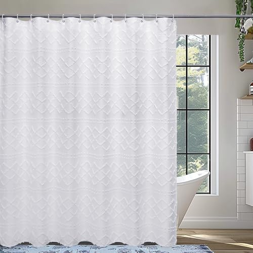 White Fabric Shower Curtain 72x72 Inches, Boho Tufted Plaid Striped Shower Curtain Set for Bathroom, Chic Textured Cloth Shower Curtain - color: White, size: 72"W x 72"L (Pack of 1)