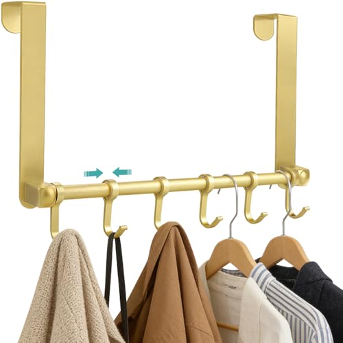 MGahyi Gold Over The Door Hooks, Over The Door Towel Rack | 6 Sliding Adjustable Hooks, Aluminum Sturdy Rustproof, No-Drilling Anti-Scratch, for Bathroom Bedroom Closet - color: Gold
