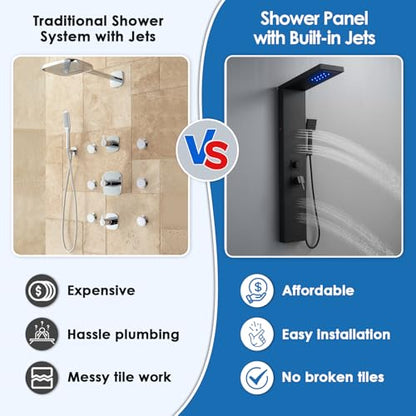 ROVOGO Shower Panel Tower System with Led Lights and 5 Shower Modes, 46.5" | Rainfall Waterfall Shower Head, 4 Body Jets, Handheld & Tub Spout, Stainless Steel Shower Column w/ Brass Valve, Matte Black - color: Black-4 jets