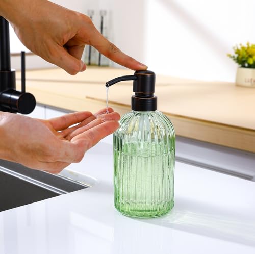 16Oz Green Glass Soap Dispenser with Rust Proof Bronze Stainless Steel Pump, Green Countertop Refillable Liquid Lotion Dispensers with Stainless Steel Pump, Oil Rubbed Bronze Soap Dispenser - color: Oil Rubbed Bronze+ Green, size: 1-Pack