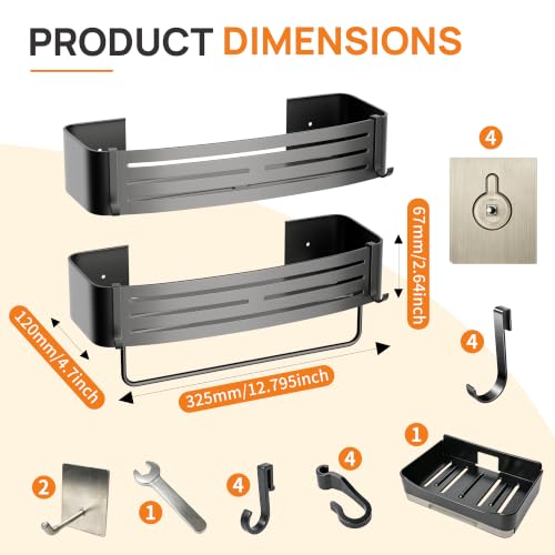 Gun Grey Adhesive Square Shower Caddy with Towel Bar, Soap Dish and Hooks | No-drill gun grey shower basket with towel bar, soap dish and hooks for smooth tile, glass and stainless steel bathroom walls - color: grey gun