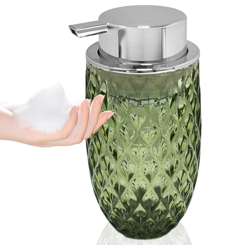 Glass Foaming Soap Dispenser, 10.5oz Foaming Pump Bottle with Silvery Pump for Bathroom, Kitchen, Refillable Bathroom Lotion Container Pump Bottle with Vintage Pattern, Green