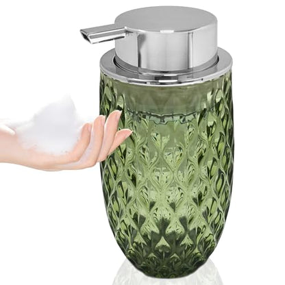 Glass Foaming Soap Dispenser, 10.5oz Foaming Pump Bottle with Silvery Pump for Bathroom, Kitchen, Refillable Bathroom Lotion Container Pump Bottle with Vintage Pattern, Green