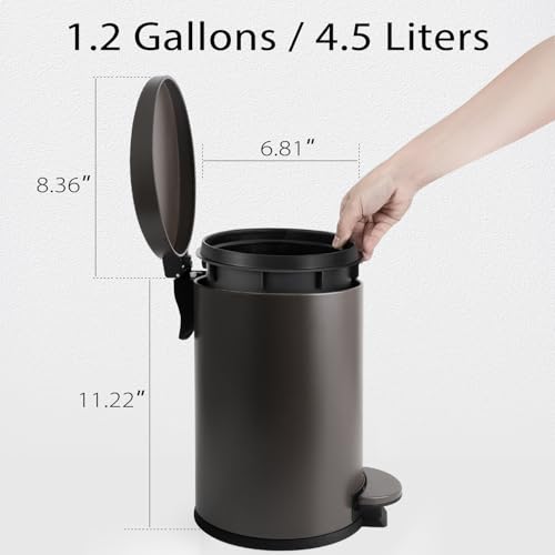 TIPGO Small Bathroom Trash Can with Lid Soft Close, 1.2 Gal, Brown | Hands-Free Step Pedal, Removable Inner Bucket, 4.5 Liters, Round Stainless Steel Garbage Can for Bedroom, Office, Kitchen - color: Brown