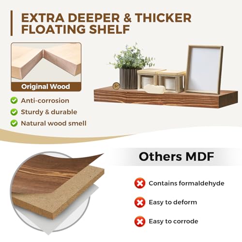 Solid Wood Floating Shelves, 24 Inch Wall Shelves, Set of 2, Brown | 8 Inch Deep, 1.6 Inch Thick, Extra-Wide Display Space, Mounting Hardware Included, For Kitchen, Bathroom and Living Room - color: Brown, size: 24x8x1.6
