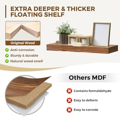 Solid Wood Floating Shelves, 24 Inch Wall Shelves, Set of 2, Brown | 8 Inch Deep, 1.6 Inch Thick, Extra-Wide Display Space, Mounting Hardware Included, For Kitchen, Bathroom and Living Room - color: Brown, size: 24x8x1.6