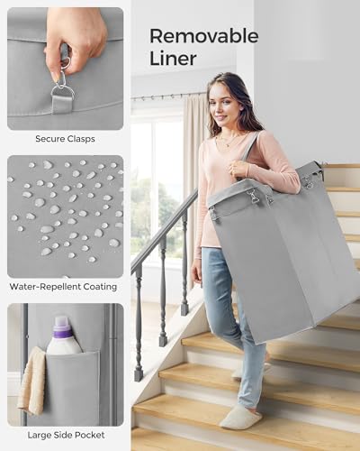 SONGMICS Laundry Basket with Wheels, 2-Section Rolling Laundry Hamper, 37 Gallons (140 L), Removable Liner, Steel Frame with Handle, 27.2 x 15.4 x 31.9 Inches, Dove Gray URLS004G01 - color: Dove Gray, size: 140 L (2-Section)