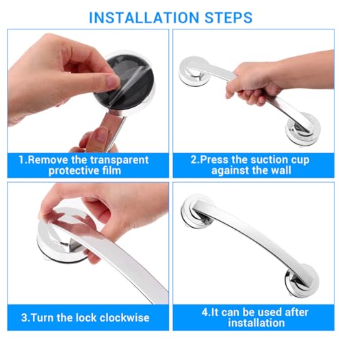 Cabilock Silver Suction Grab Bar for Shower & Bathtub – 12 Inch Chrome Finish Safety Handle, Drill-Free Balance Assist for Seniors, Elderly & Disabled, Portable Bathroom Support Grip