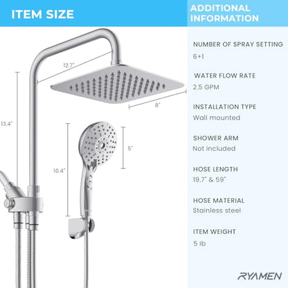 Dual Shower Head Combo, 8'' High Pressure Rain Shower Head with Handheld Spray, 6+1 Spray Settings Handheld Showerhead, Height Adjustable, One-touch Pause Button, Chrome Polished - color: Bright Silver